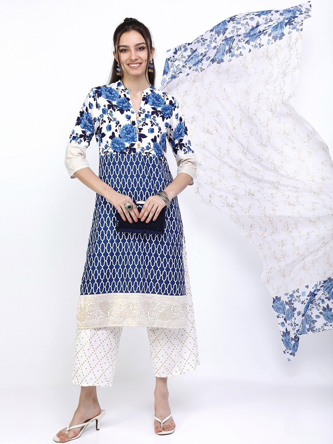 Vishudh Women Blue Floral Printed Kurta with Trousers & With Dupatta