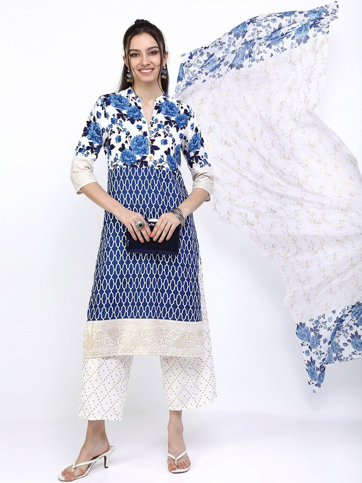 Vishudh Women Blue Floral Printed Kurta with Trousers & With Dupatta