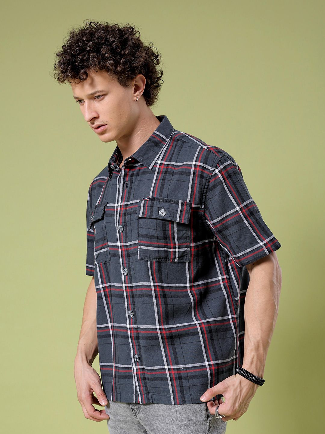 The Indian Garage Co Boxy Windowpane Checks Opaque Twill Cotton Casual Shirt