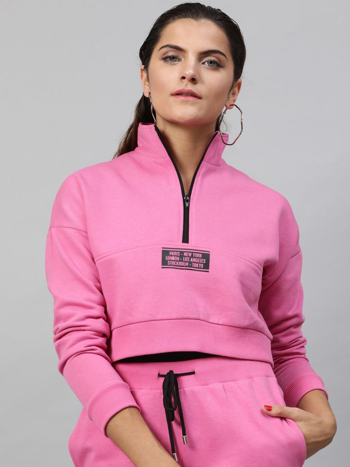 STREET 9 Women Pink Solid Pure Cotton Crop Sweatshirt