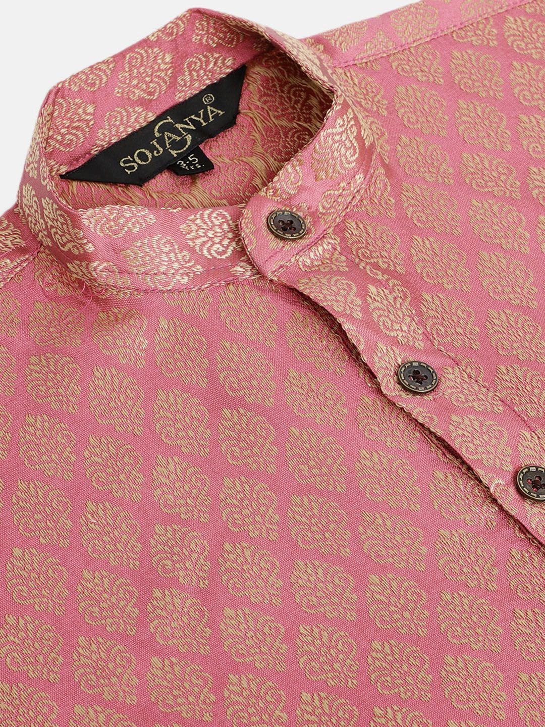 SOJANYA Boys Pink & Golden Jacquard Ethnic Patterned Straight Kurta