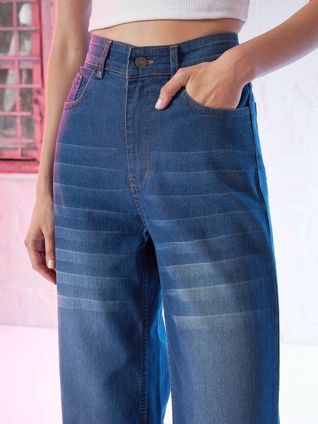 SASSAFRAS Women High Rise Comfort Wide Leg Stretchable Jeans