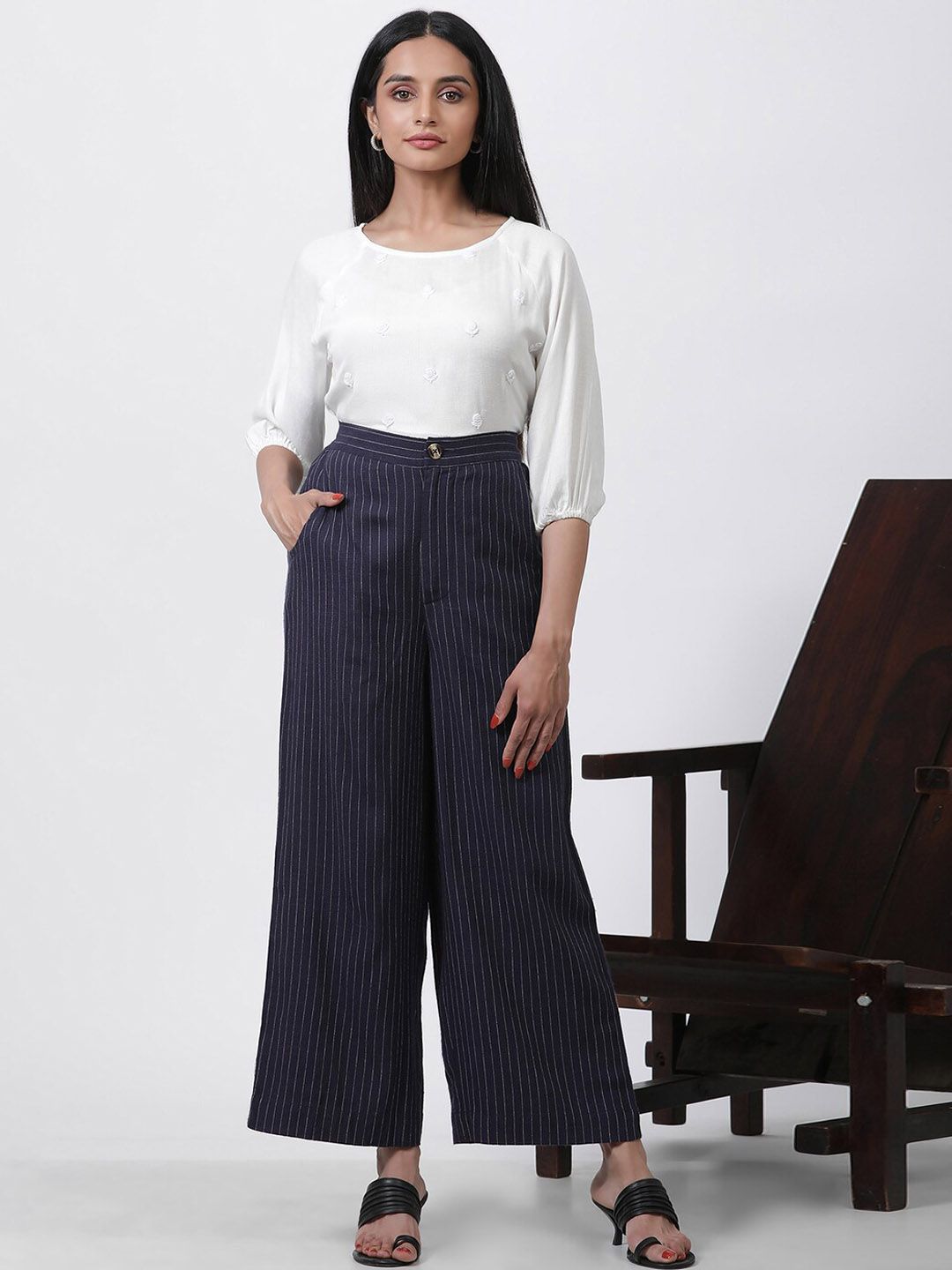 W Women Striped High-Rise Straight Fit Parallel Trouser