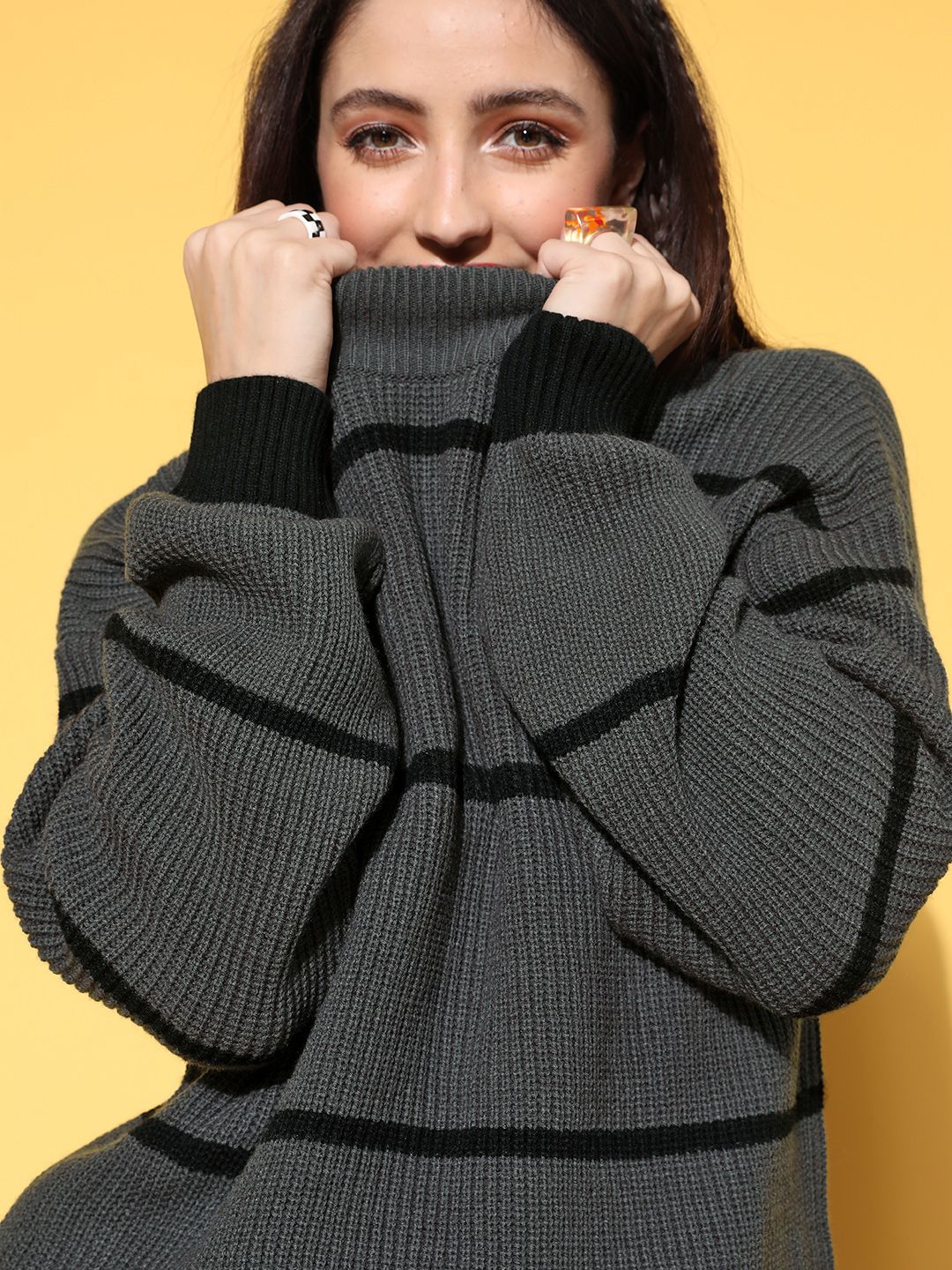 Berrylush Women Charcoal Striped Knits Bits Sweater