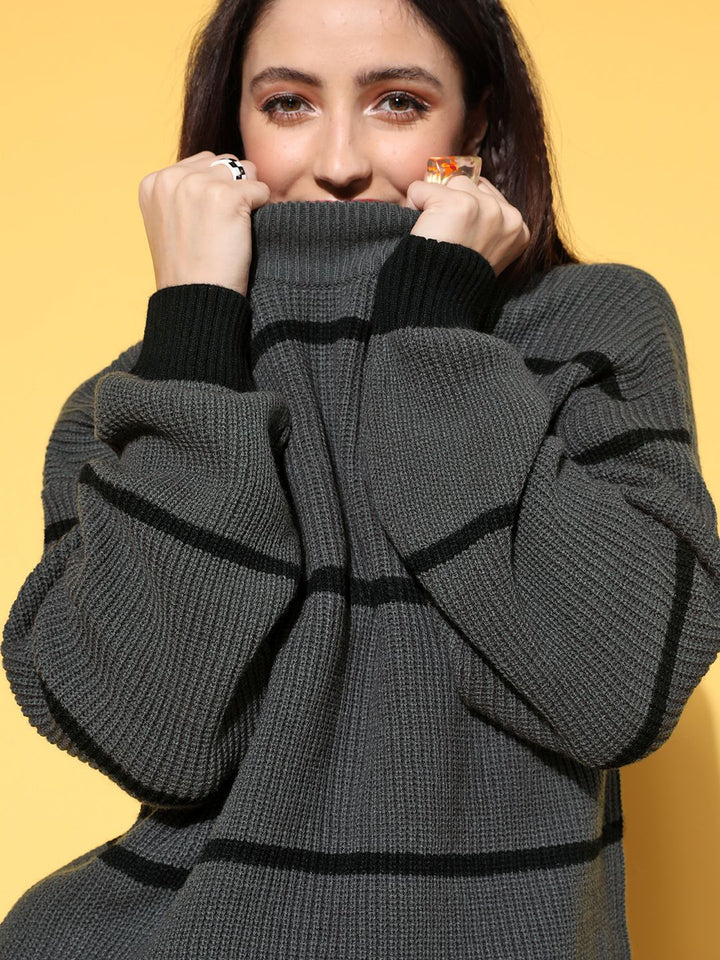 Berrylush Women Charcoal Striped Knits Bits Sweater