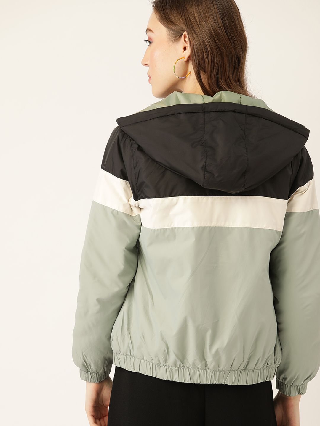 DressBerry Women Green & Black Colourblocked Hooded Bomber Jacket
