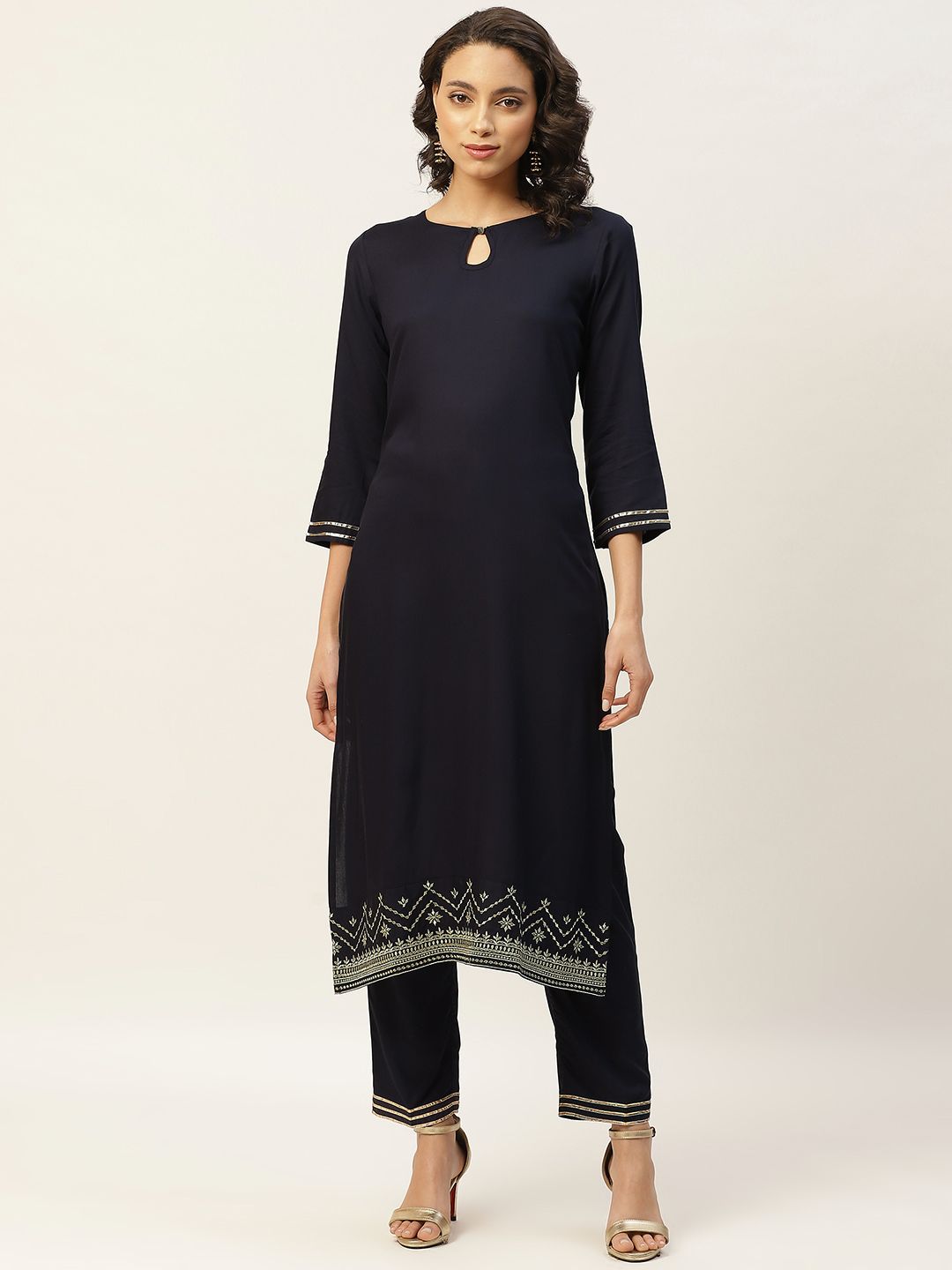 Shae by SASSAFRAS Women Navy Blue Solid Kurta with Trousers