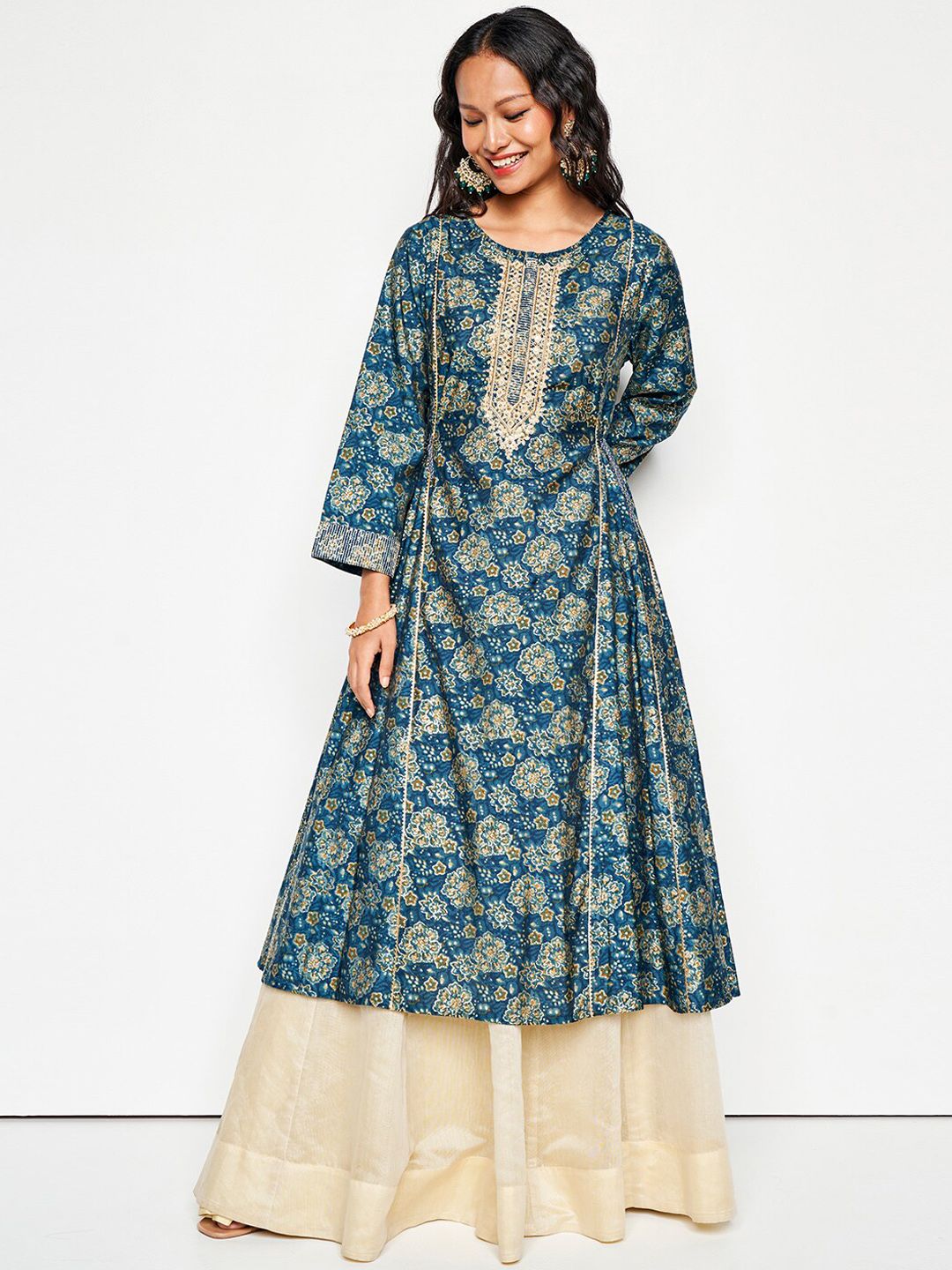 Global Desi Ethnic Motifs Printed Mirror Work Pleated Anarkali Kurta
