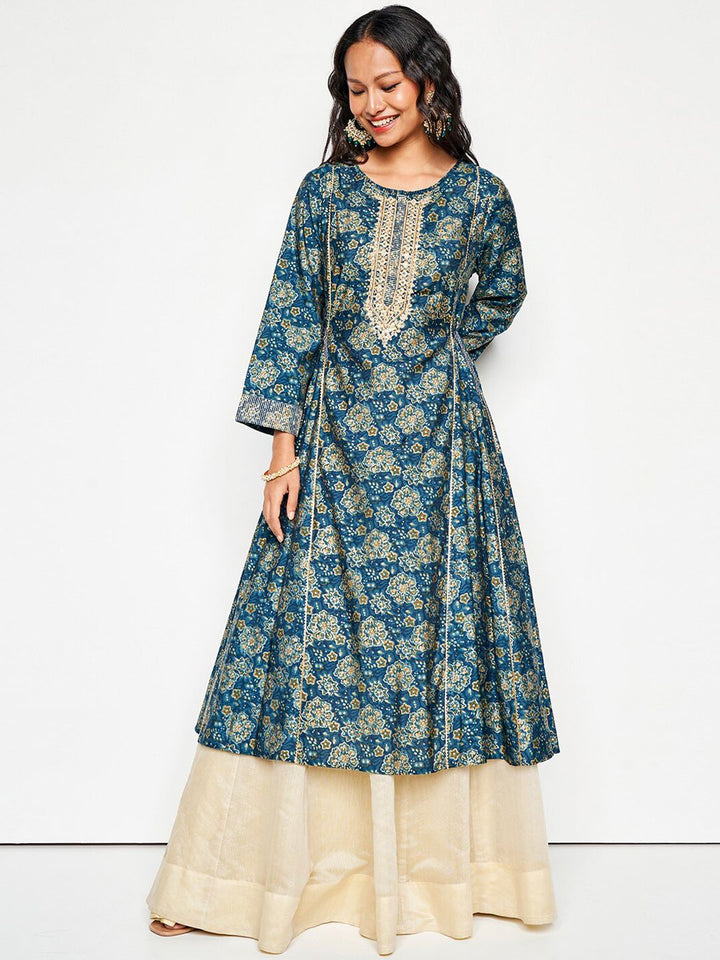 Global Desi Ethnic Motifs Printed Mirror Work Pleated Anarkali Kurta