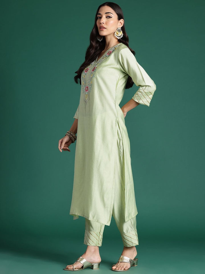 Indo Era Floral Embroidered Thread Work Kurta With Trousers & Dupatta