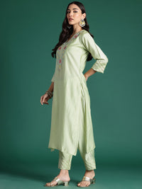 Indo Era Floral Embroidered Thread Work Kurta With Trousers & Dupatta