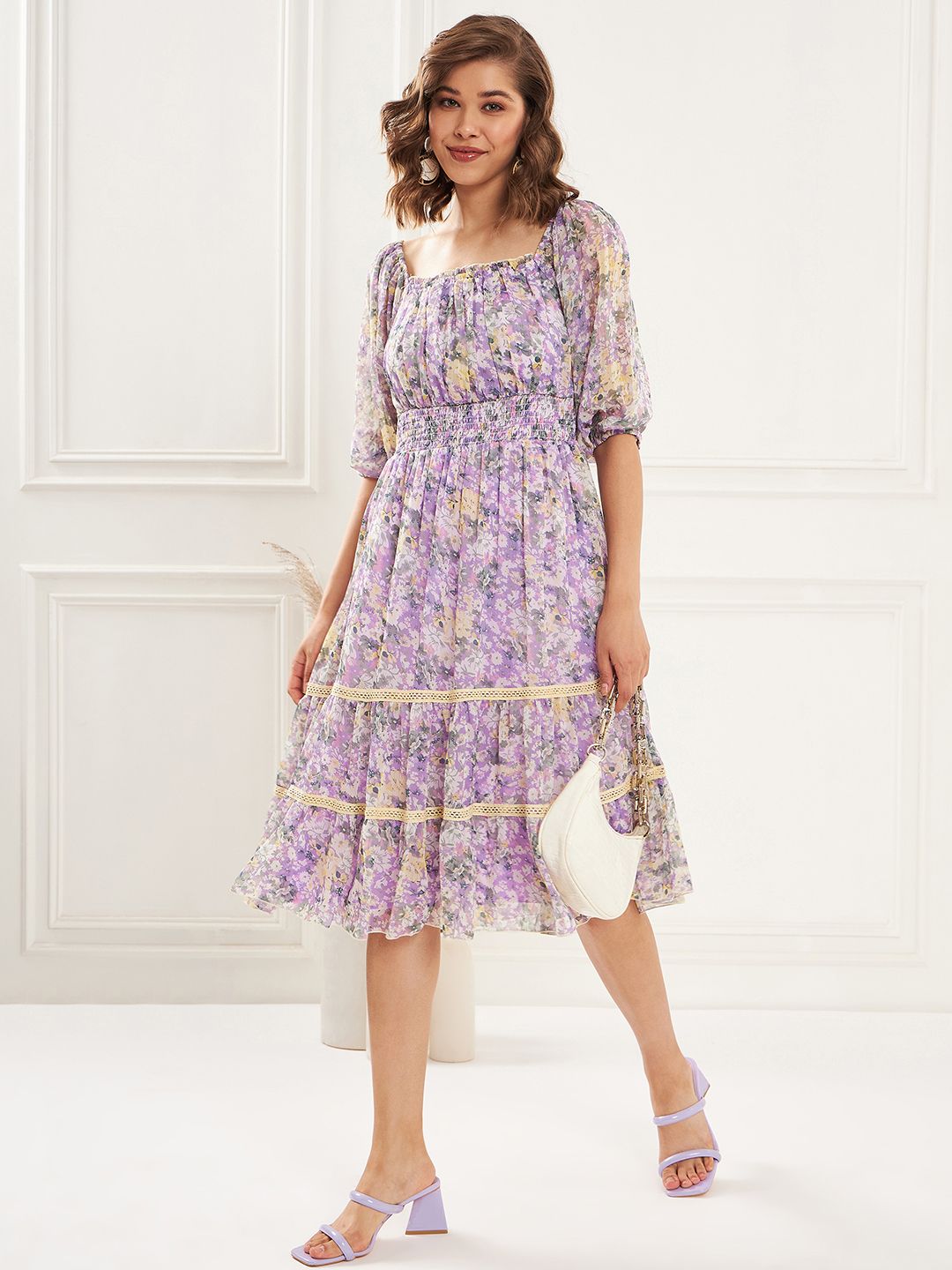 Antheaa Square Neck Floral Printed Tiered Chiffon Fit & Flare Midi Dress