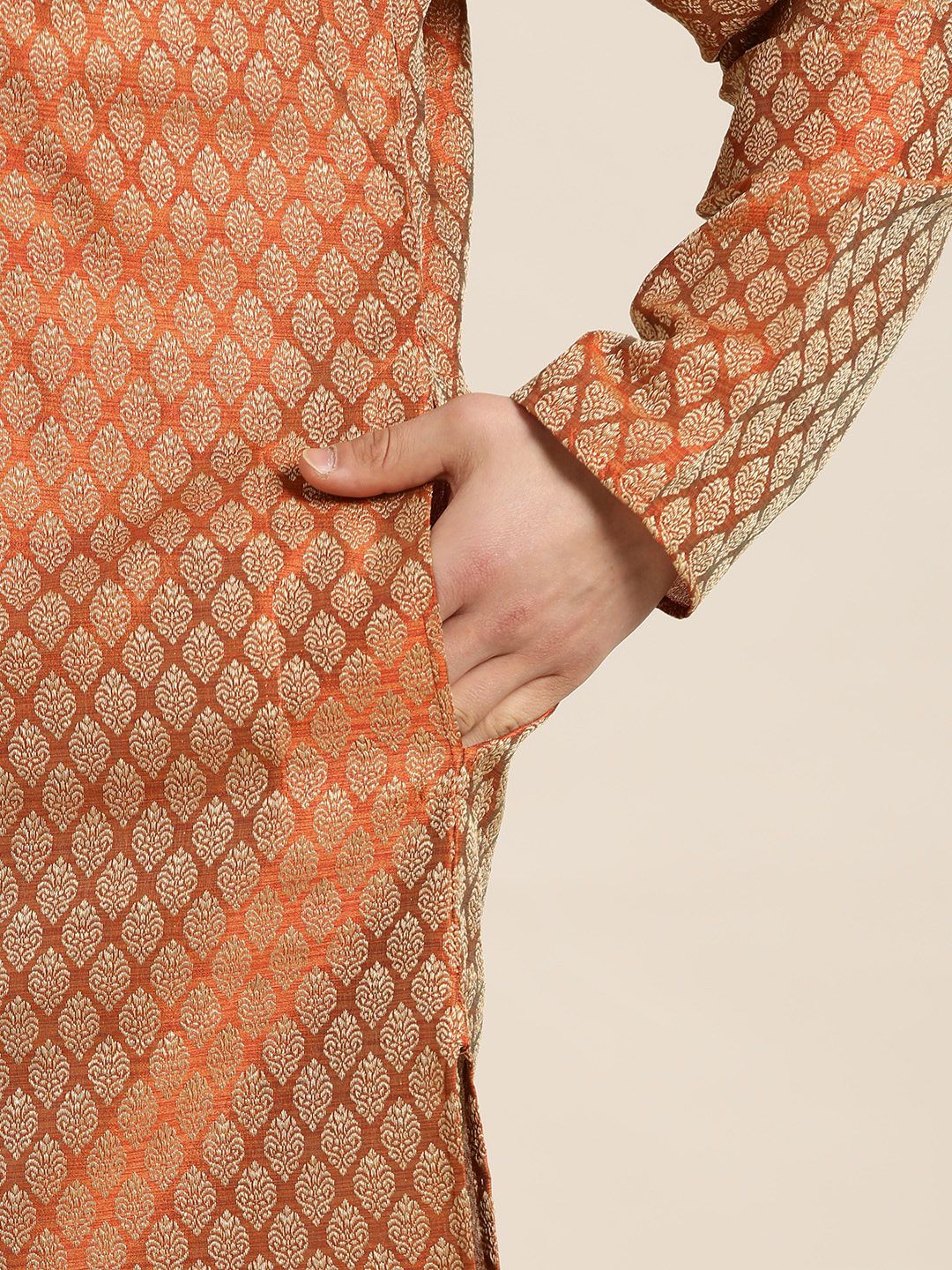 SOJANYA Men Rust Orange & Beige Jacquard Ethnic Motifs Woven Design Straight Kurta