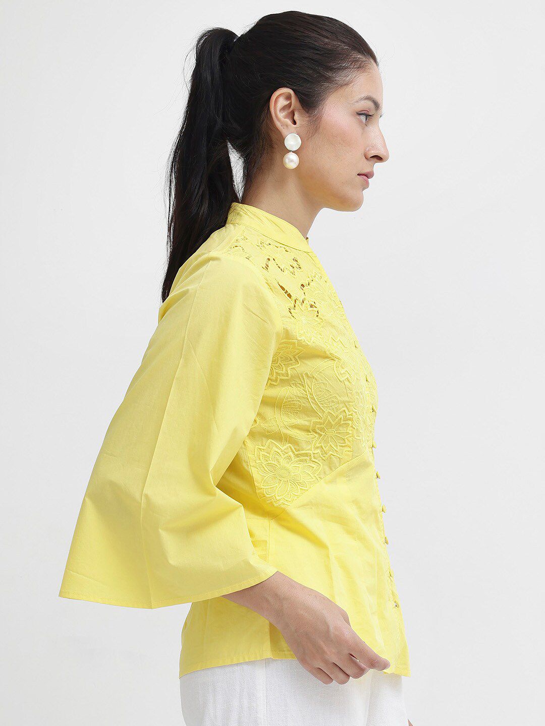 RAREISM Self Design Mandarin Collar Flared Sleeve Cotton Top