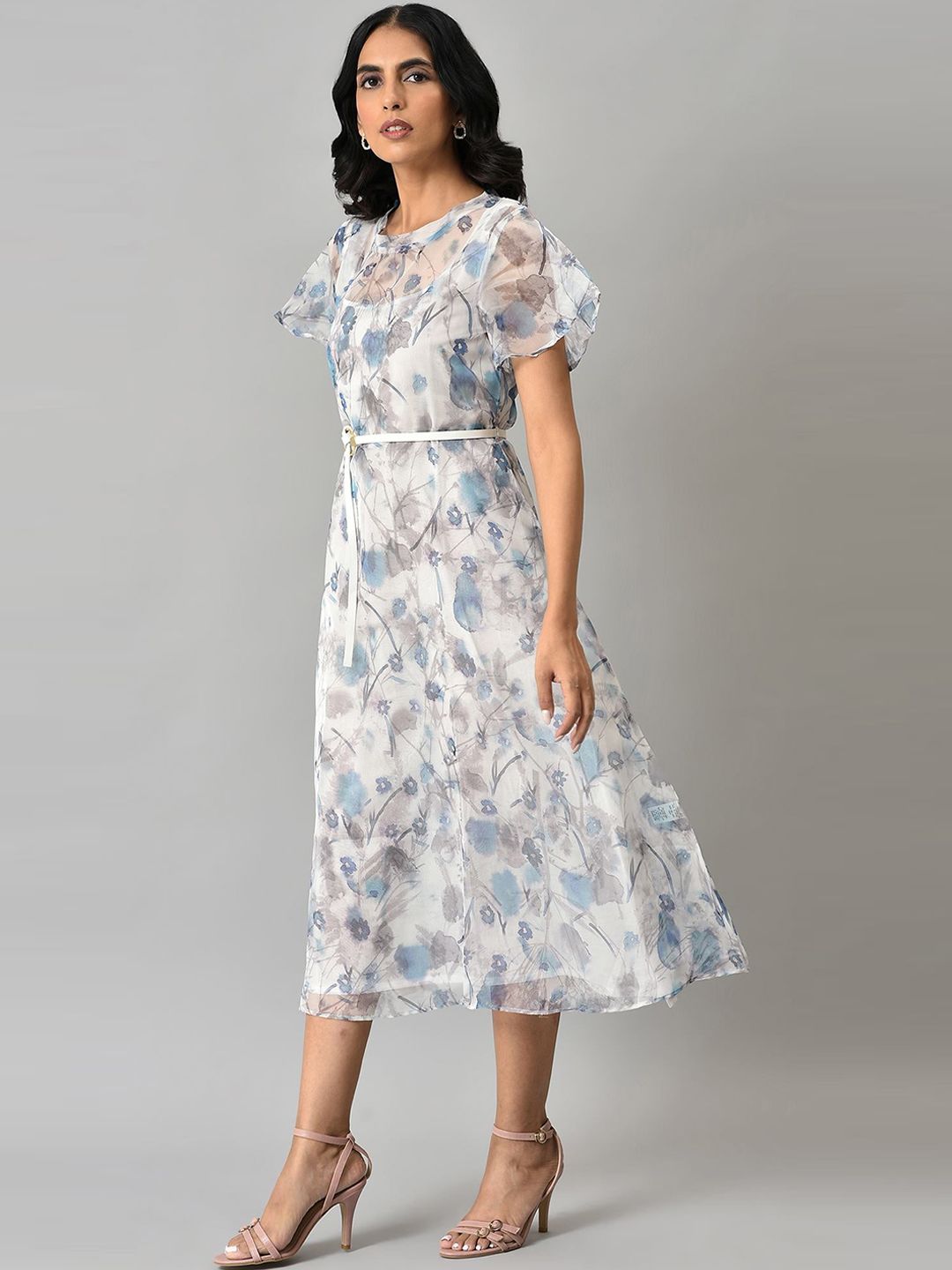 W Women Off- White & Grey Abstract Printed A-Line Ethnic Dress