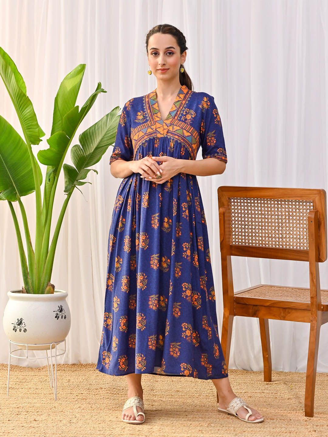 Rustorange Floral Printed V-Neck Gathered A-Line Midi Ethnic Dress
