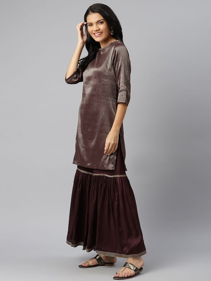 W Women Burgundy & Golden Woven Design Kurta with Sharara & Dupatta