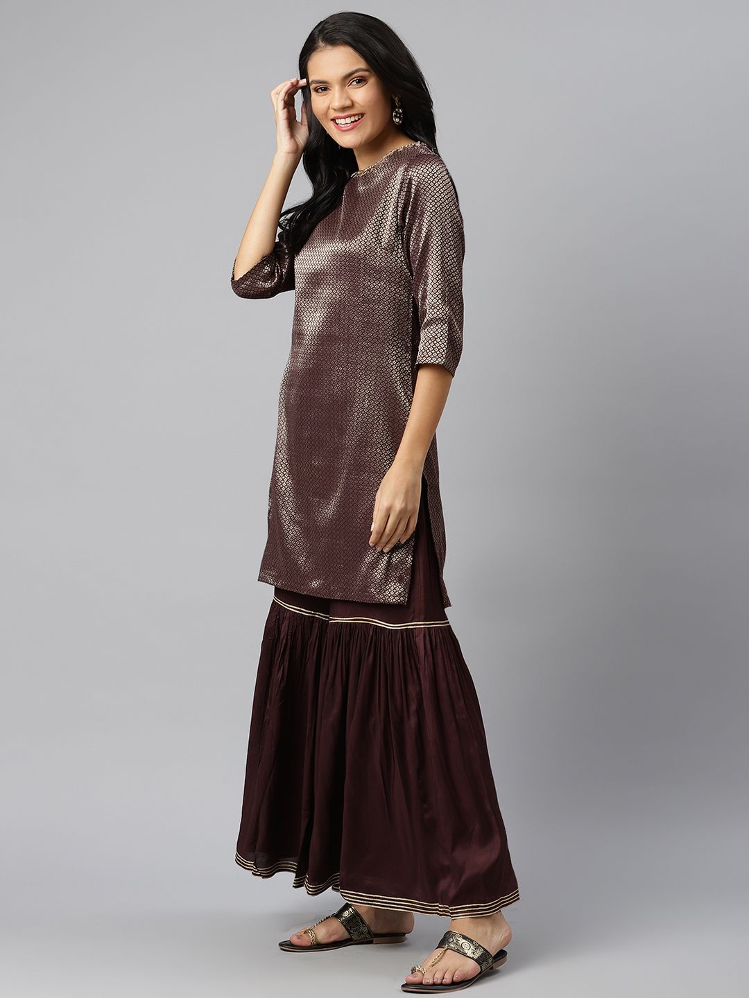 W Women Burgundy & Golden Woven Design Kurta with Sharara & Dupatta