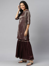 W Women Burgundy & Golden Woven Design Kurta with Sharara & Dupatta