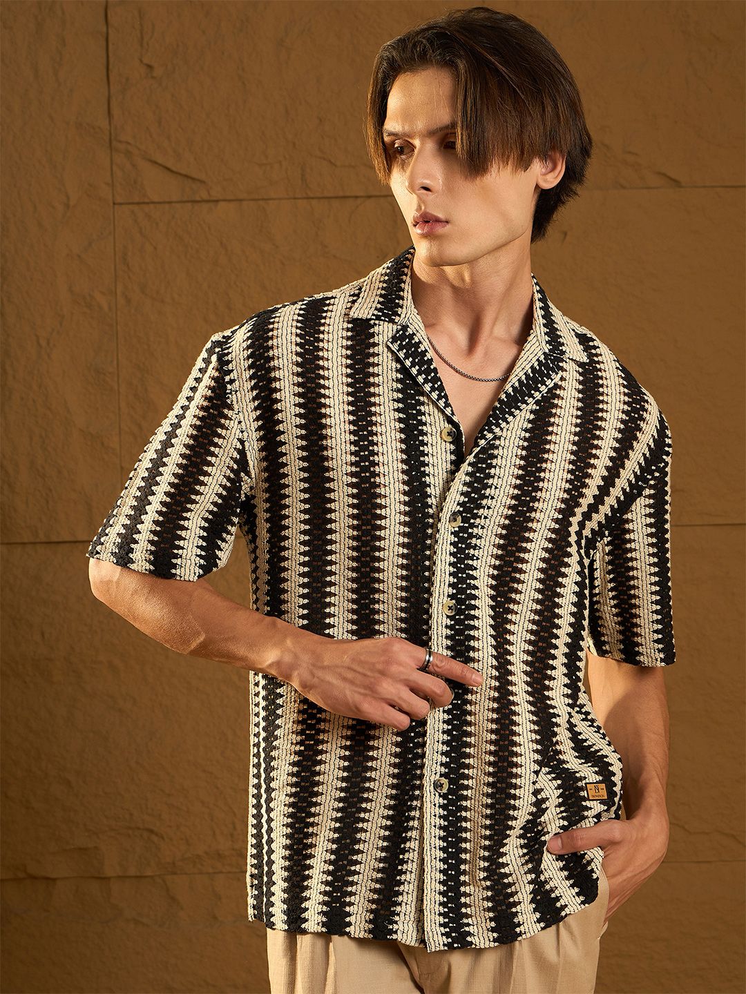 DENNISON Men Zig Zag Pattern Oversized Crochet Shirt