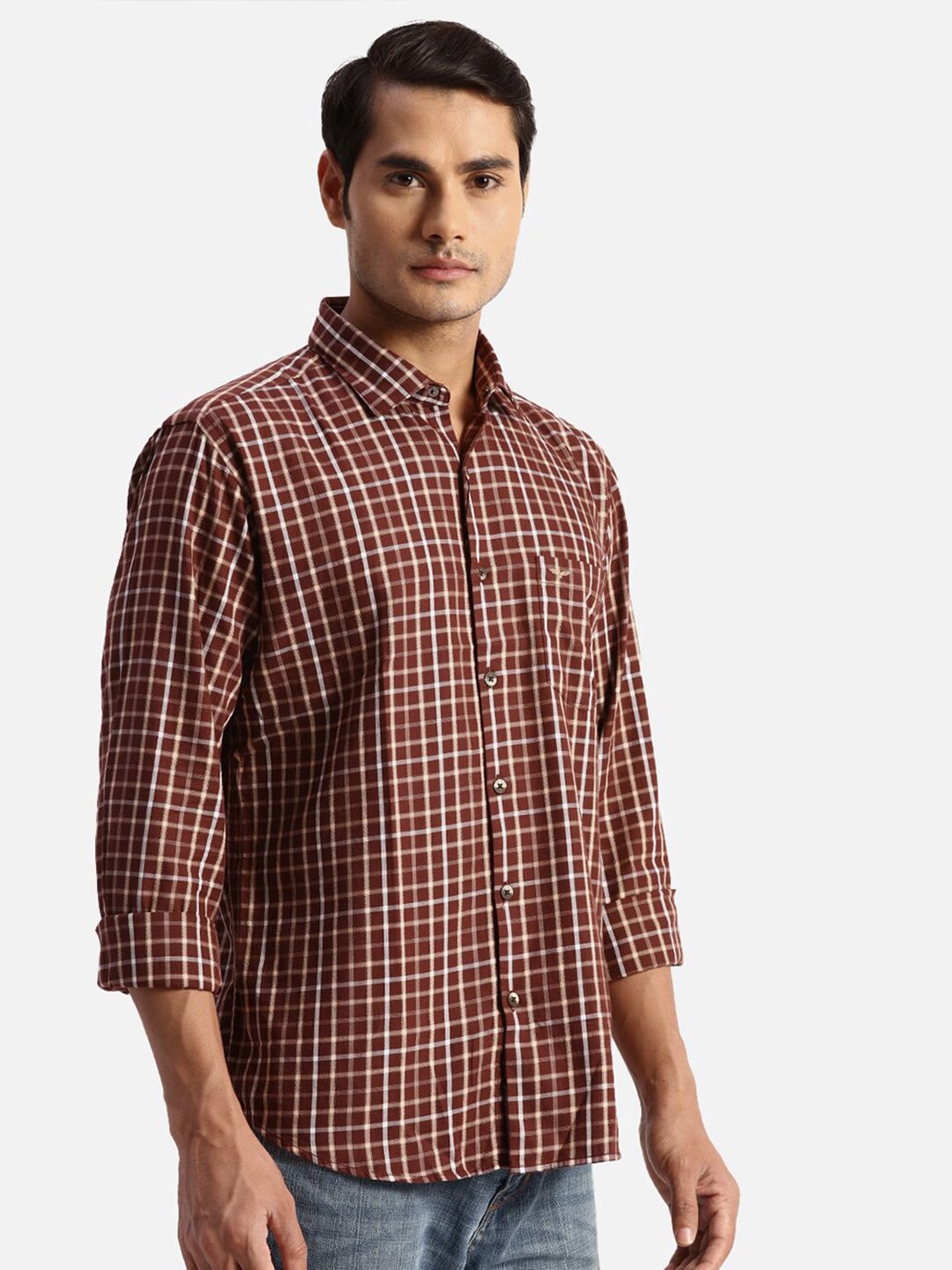 Park Avenue Spread Collar Long Sleeves Slim Fit Checked Casual Cotton Shirt