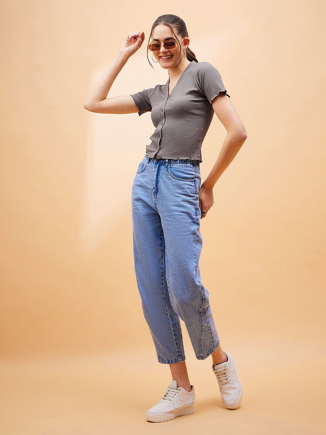 SASSAFRAS BASICS Short Sleeves Cotton Shirt Style Crop Top