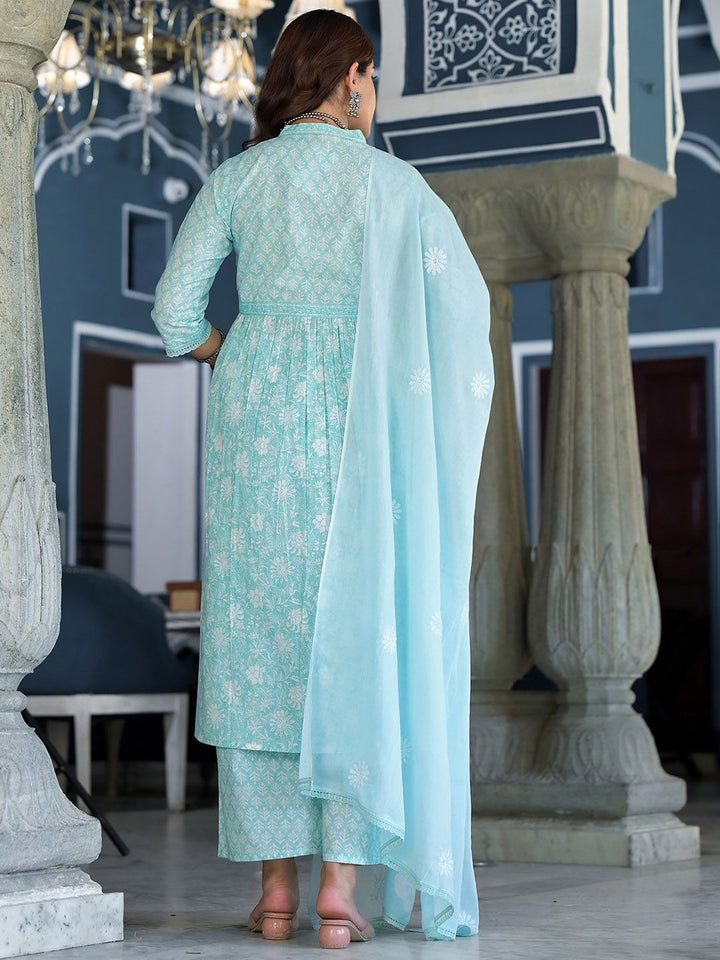 Vishudh Blue V Neck Floral Printed Regular Pure Cotton Kurta with Trousers & With Dupatta