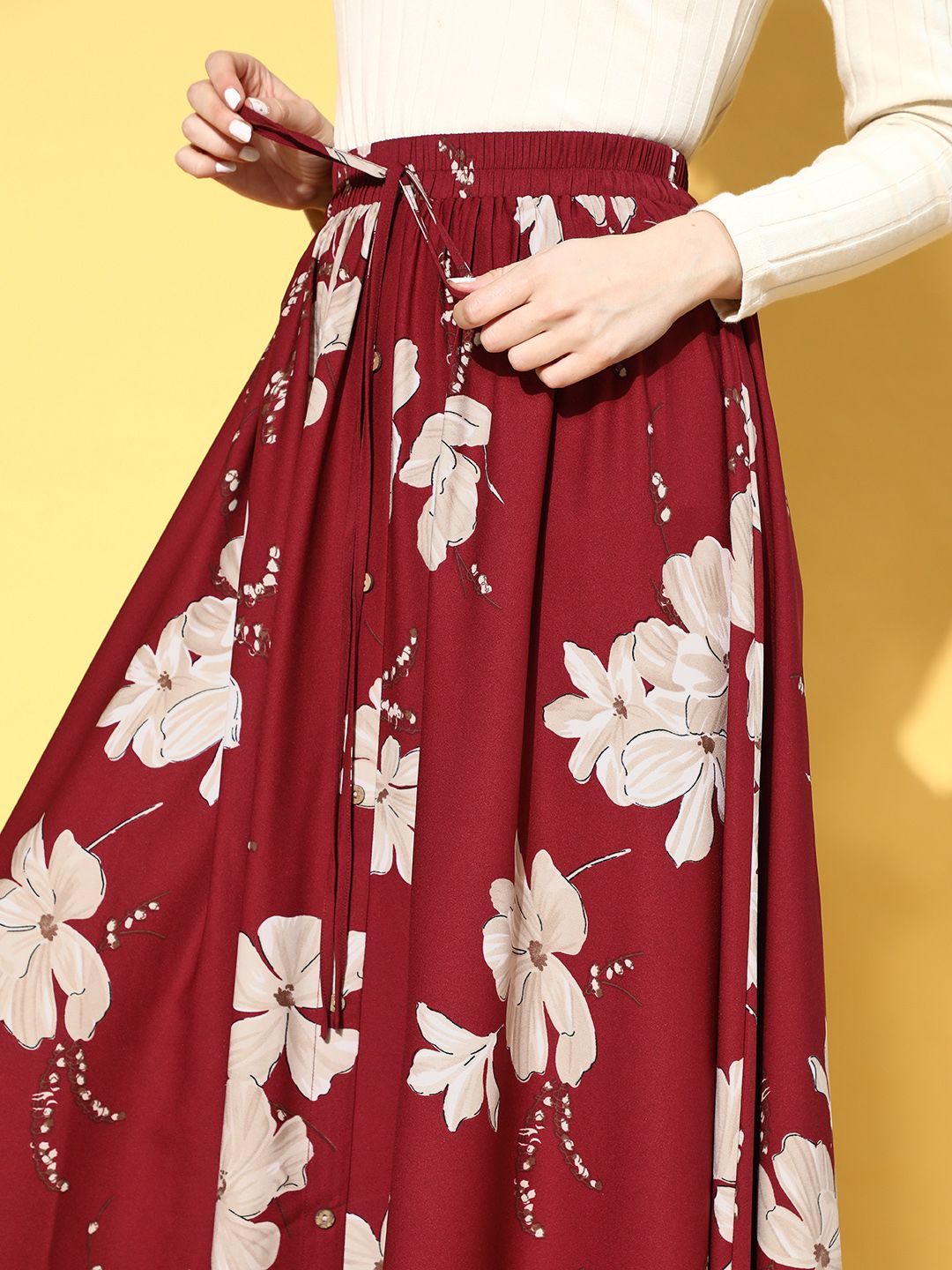 Berrylush Women Maroon Floral Printed Maxi Skirt