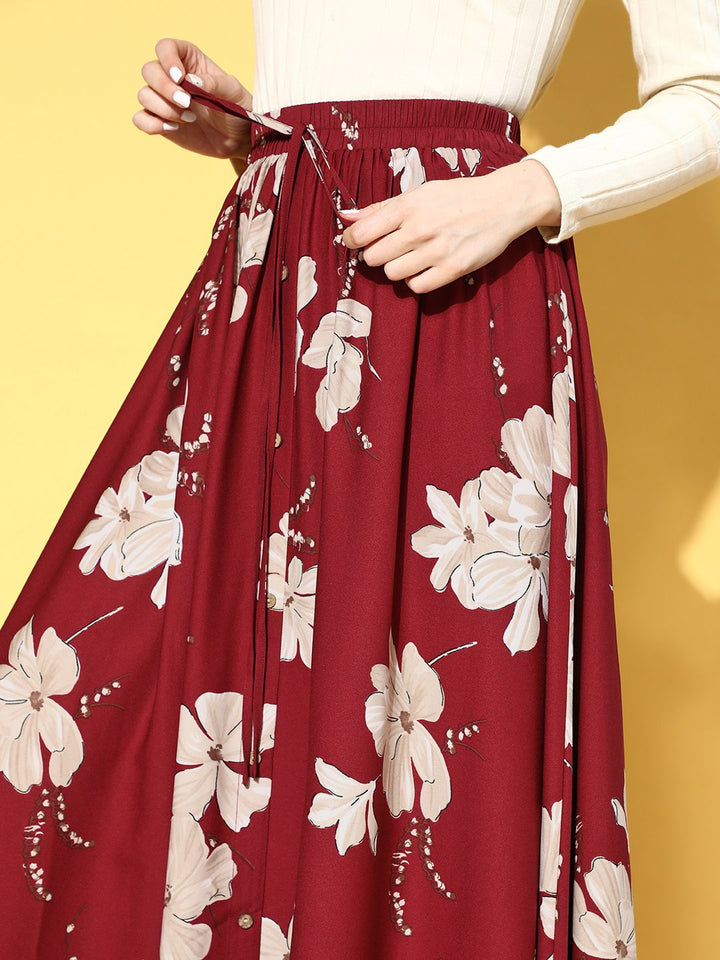 Berrylush Women Maroon Floral Printed Maxi Skirt