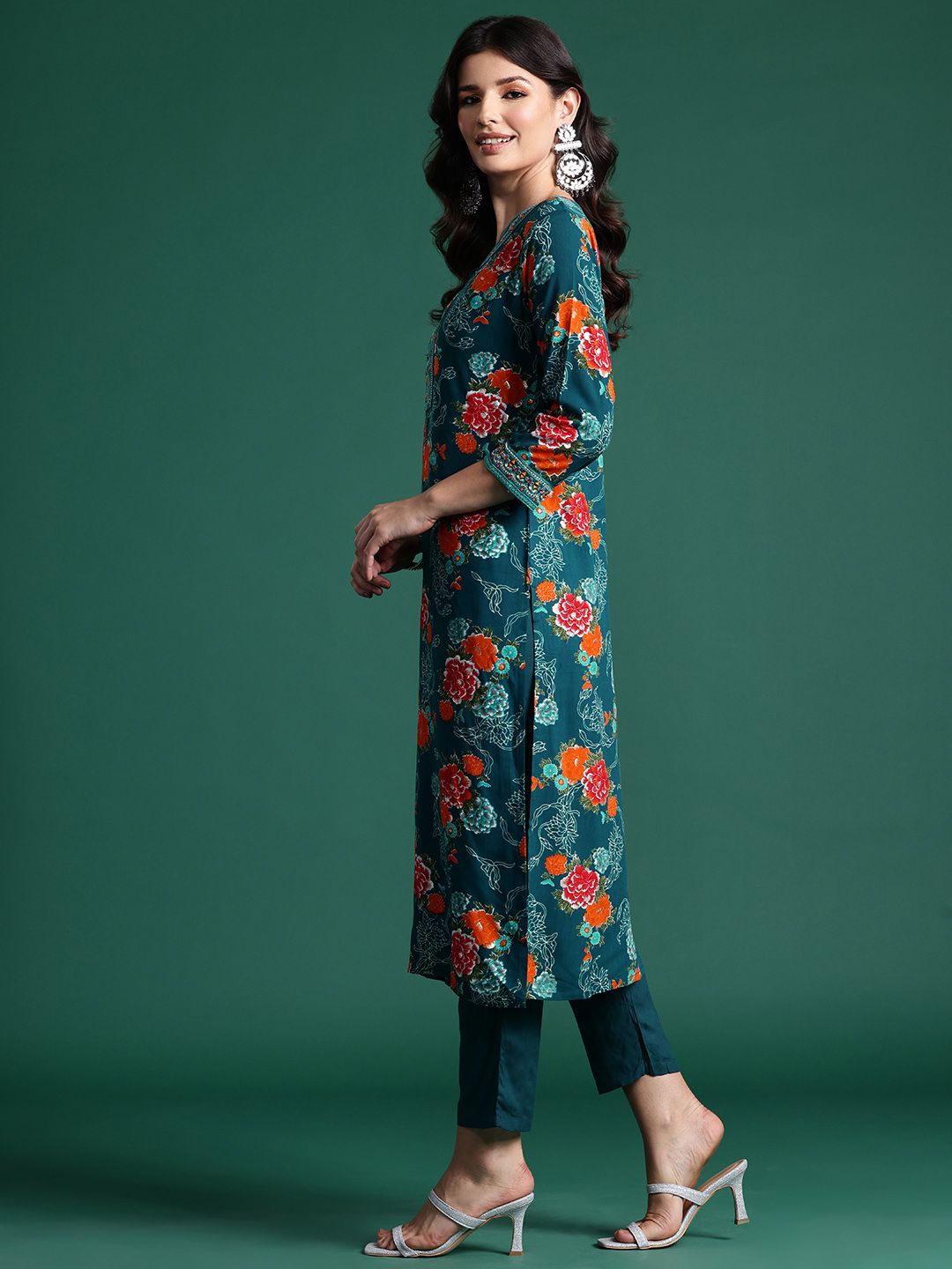 Indo Era Floral Printed Mirror Work Kurta with Trousers & With Dupatta