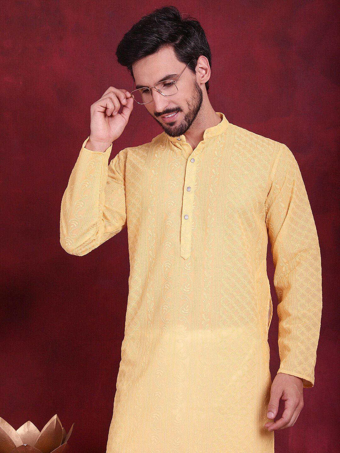 Jompers Ethnic Motifs Embroidered Mandarin Collar Chikankari Georgette Kurta with Pyjamas