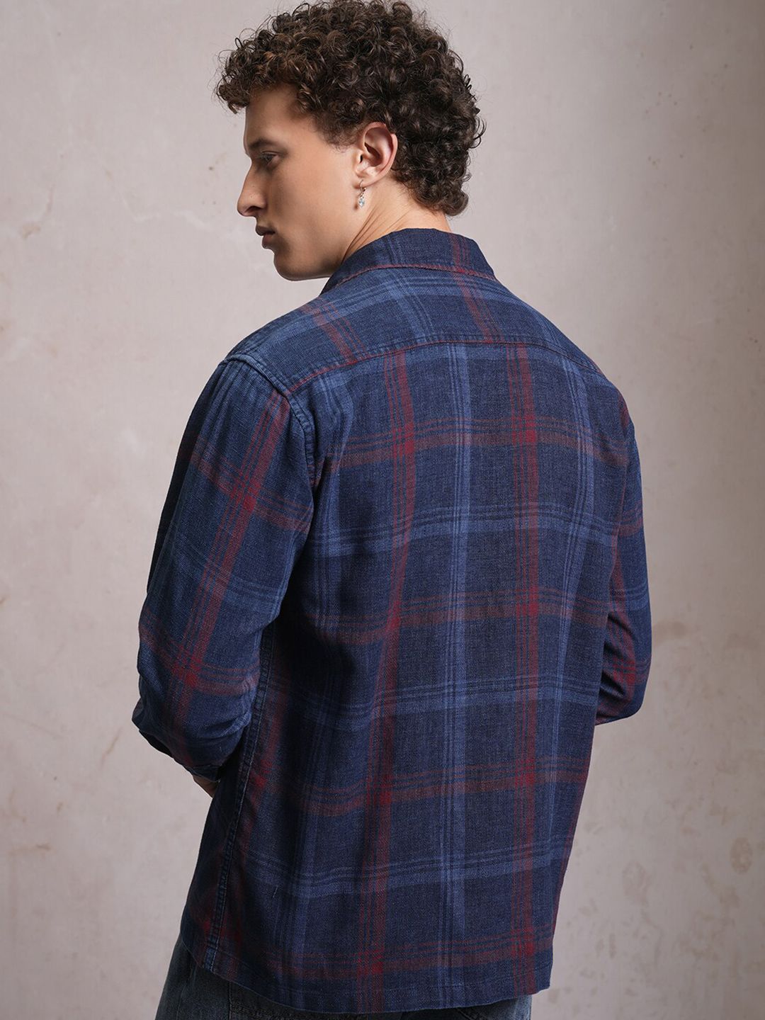LOCOMOTIVE Premium Indigo Dobby Textured Checked Utility Pocket Overshirt