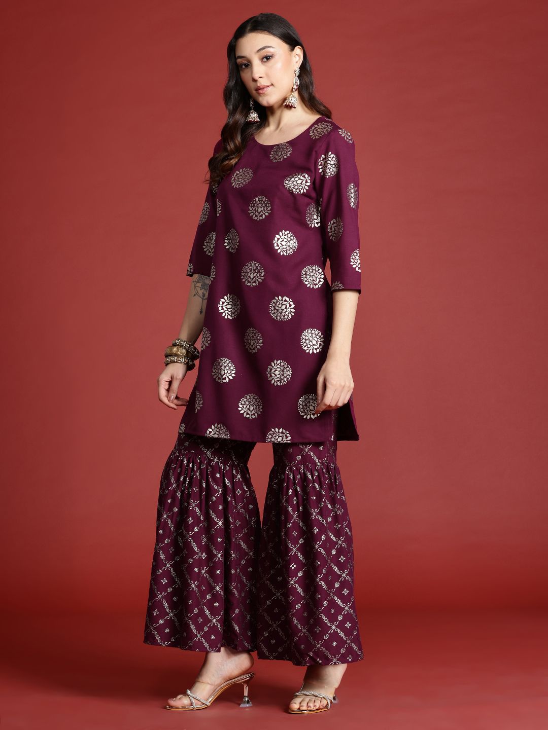 Anouk Tyohaar Foil Print Kurta with Sharara & Dupatta