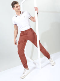 The Indian Garage Co Men Rust Brown Solid Slim Fit Cargo Joggers
