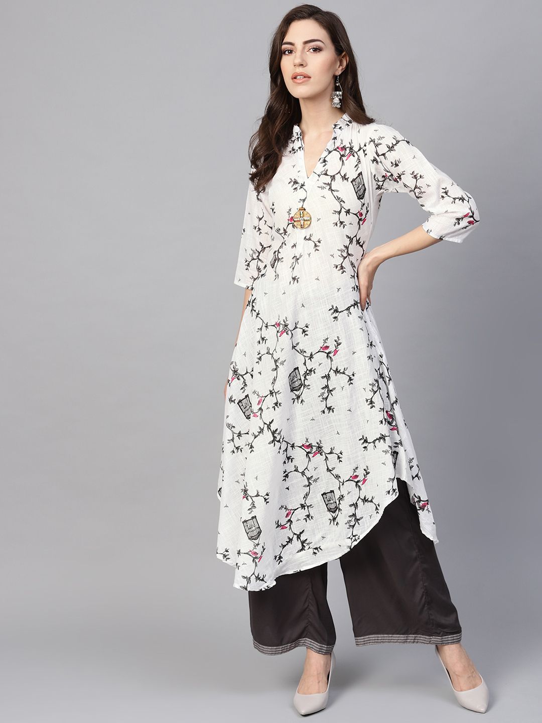 SOJANYA Women White & Grey Quirky Print A-Line Kurta