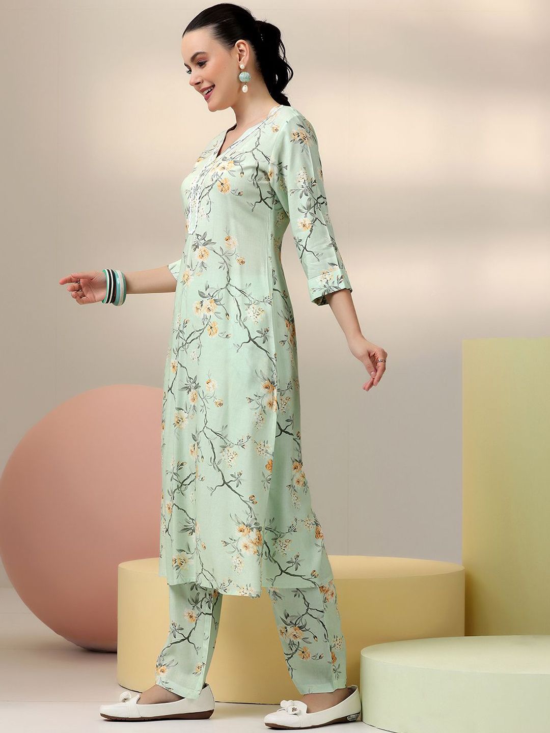 Libas Sea Green Floral Printed V-Neck Tunic With Palazzo
