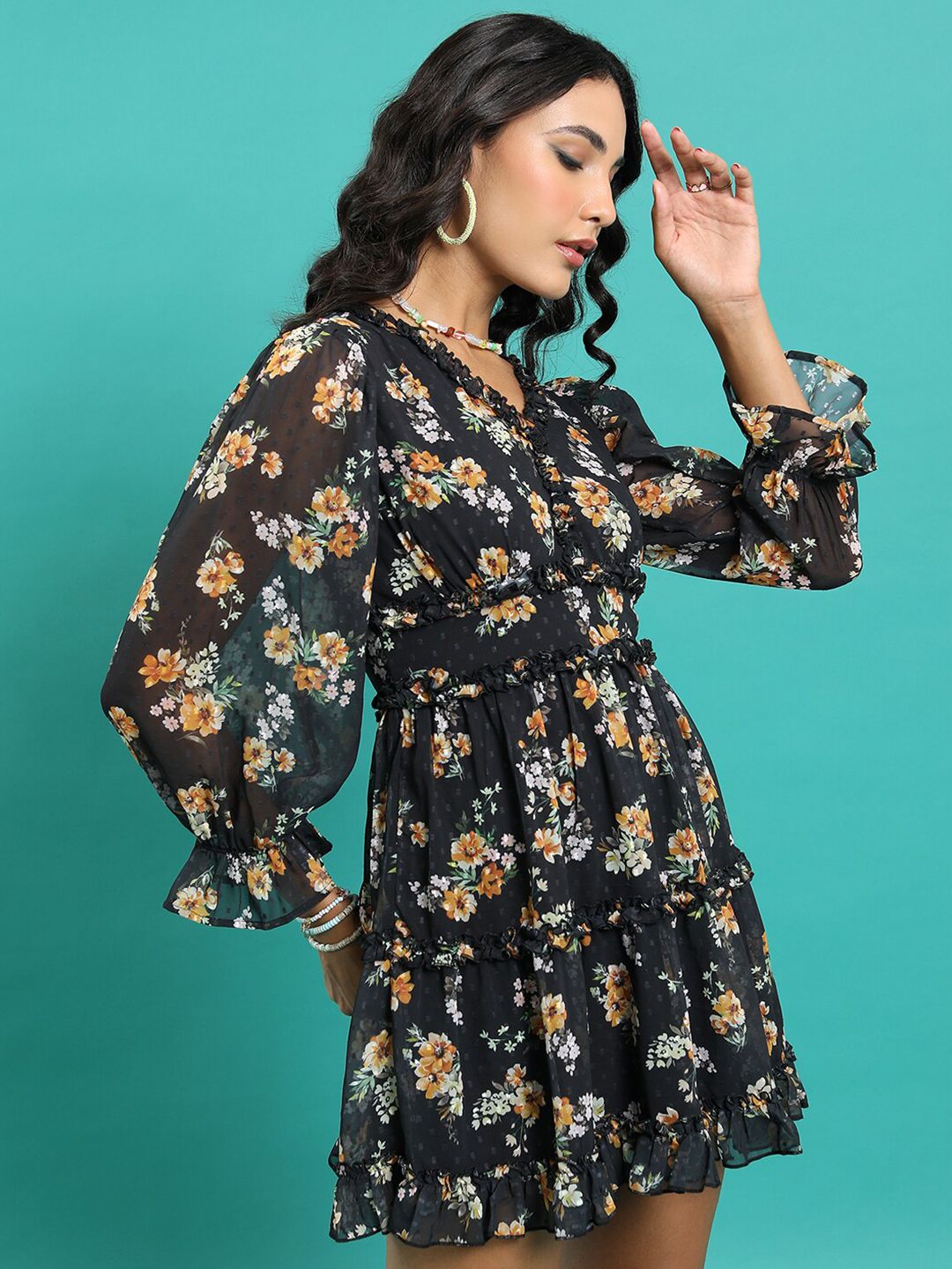 Tokyo Talkies Black Floral Printed Ruffled Detailed V-Neck Puff Sleeve Fit & Flare Dress