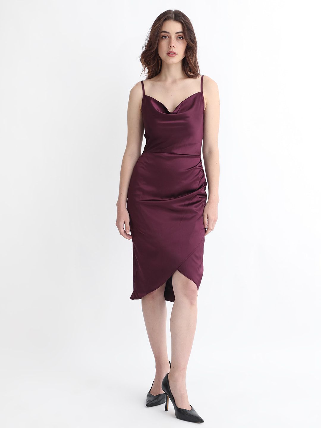 RAREISM Shoulder Straps Sleeveless Gathered Detail Satin Slip-On Sheath Dress