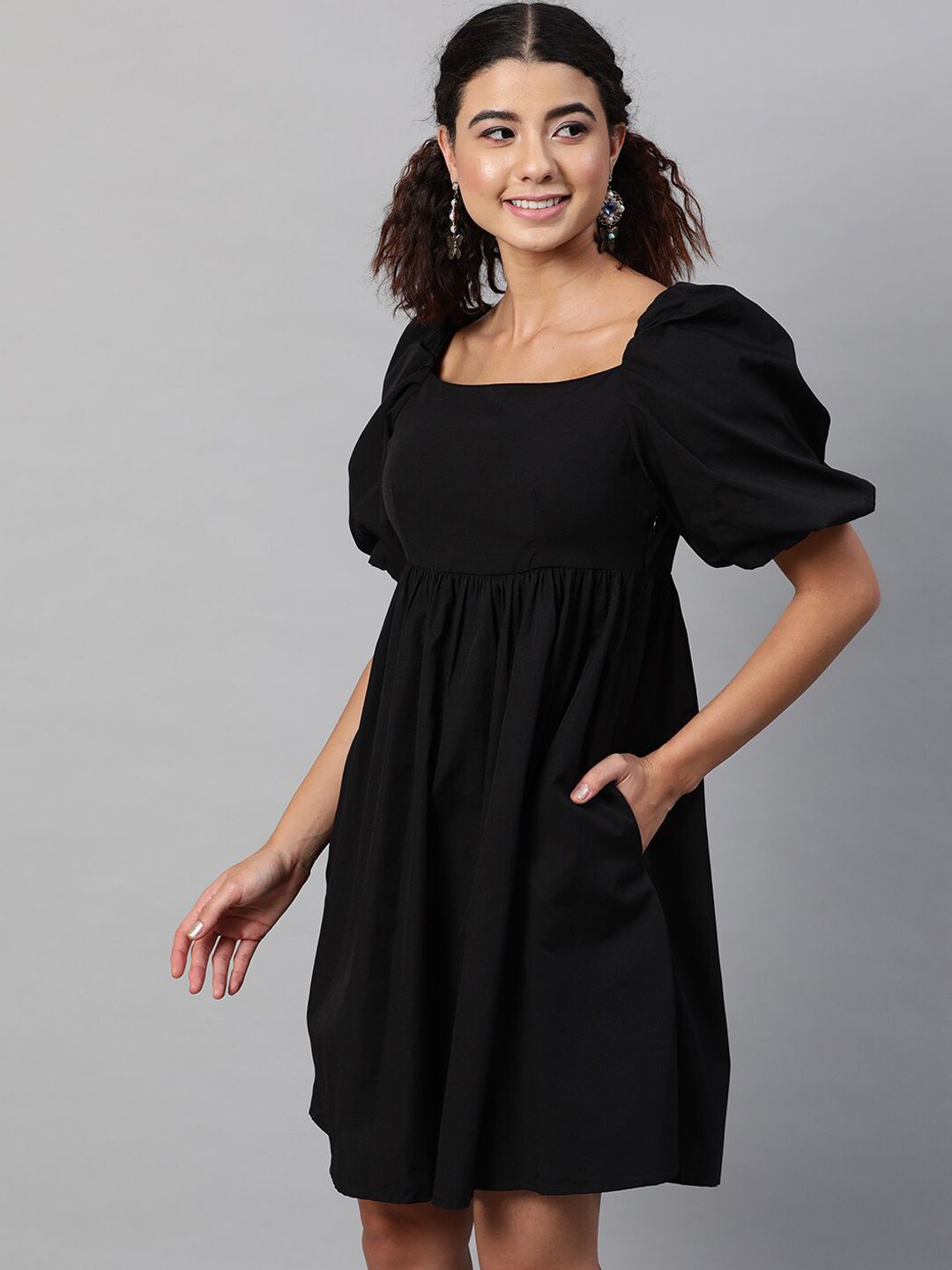 STREET 9 Women Black A-Line Pure Cotton Dress