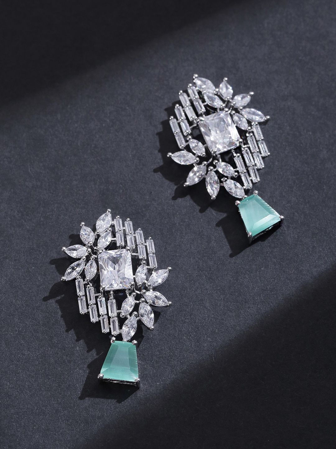 Priyaasi Sea Green Silver Plated Stone Studded Handcrafted Contemporary Drop Earrings