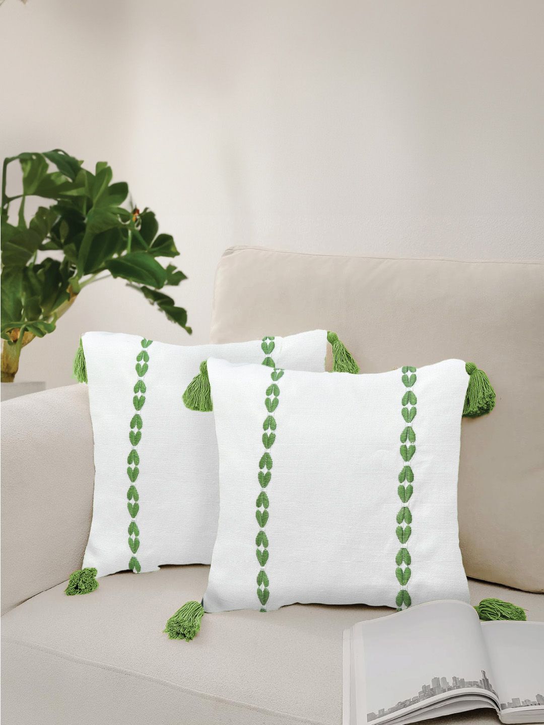 URBAN SPACE Green & White 2 Pieces Embroidered Pure Cotton Square Cushion Covers