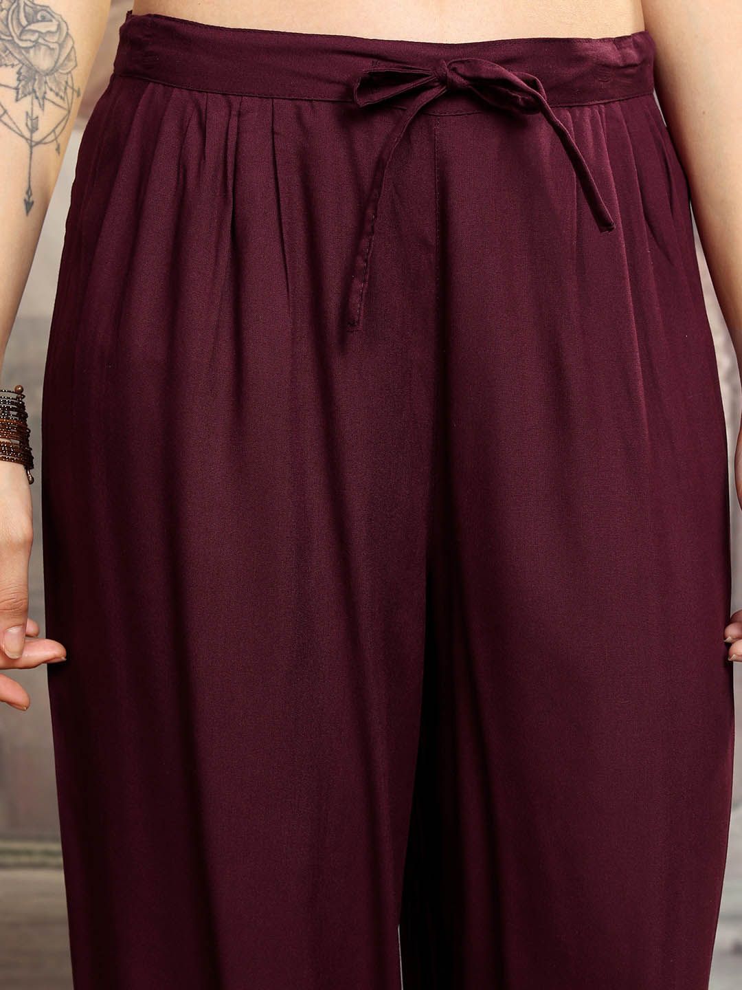Vishudh Maroon Embroidered Thread Work Straight Kurta With Trousers & Dupatta