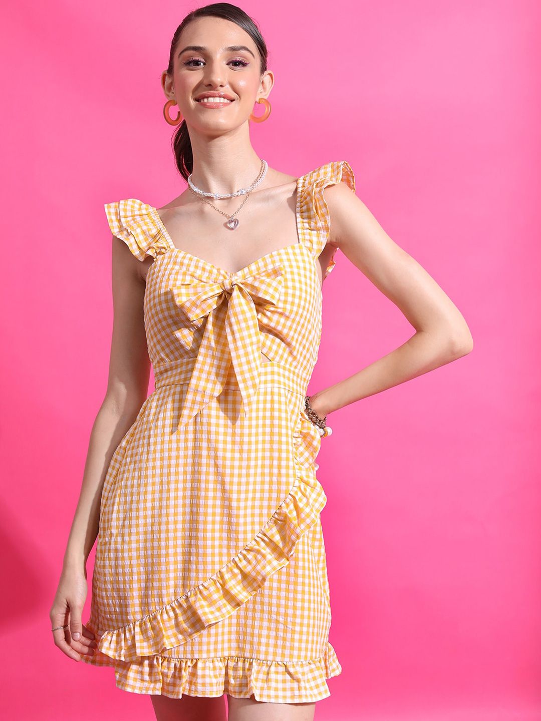 Tokyo Talkies Mustard Checked Cut-Out Smocked Bow  Fit & Flare Dress
