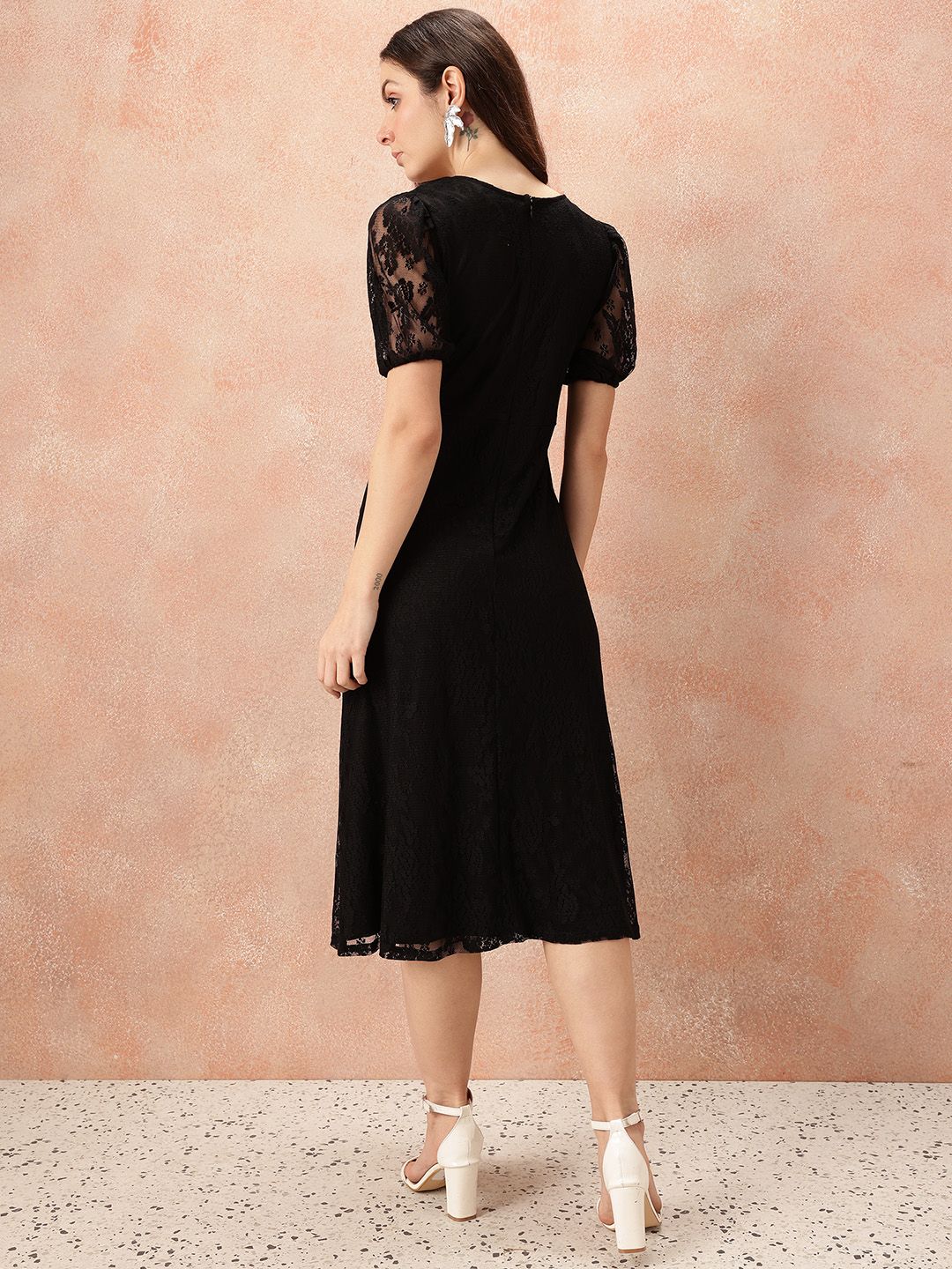 all about you V-Neck Puff Sleeves Lace A-Line Dress
