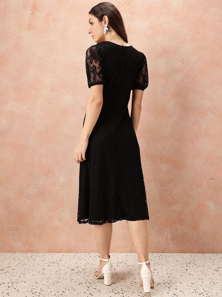 all about you V-Neck Puff Sleeves Lace A-Line Dress