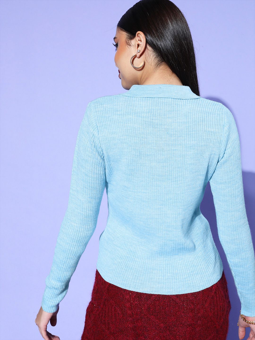 Berrylush Women Alluring Turquoise Blue Solid Knits Bits Sweater