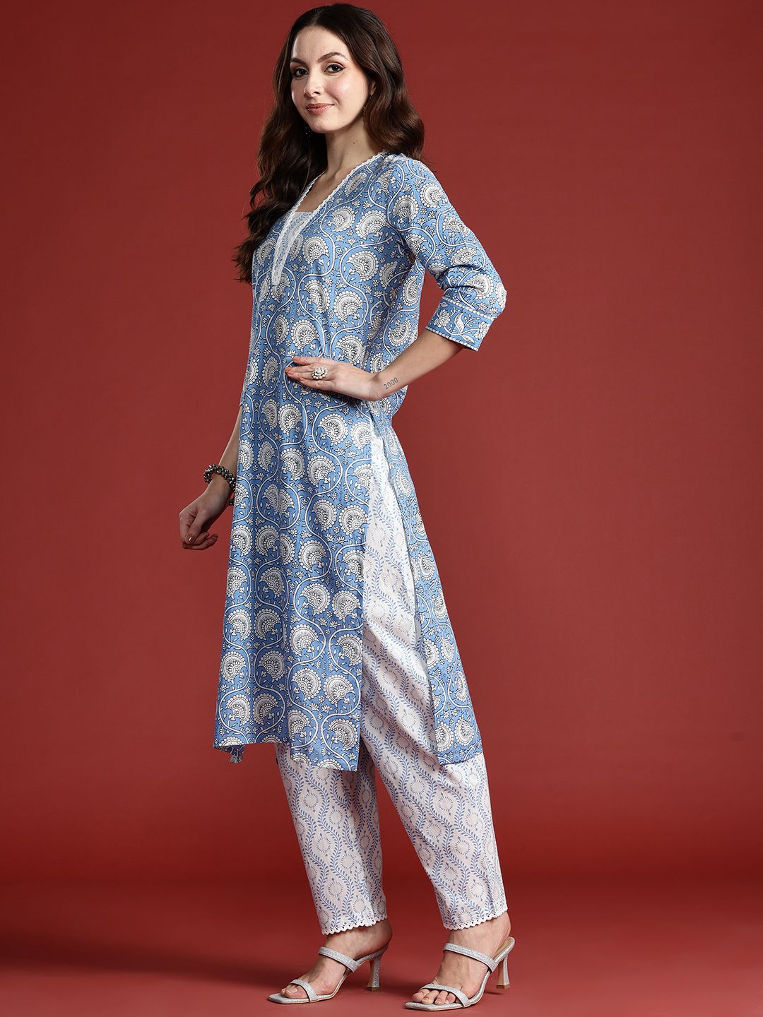 Indo Era Floral Printed Pure Cotton Kurta with Trousers & With Dupatta