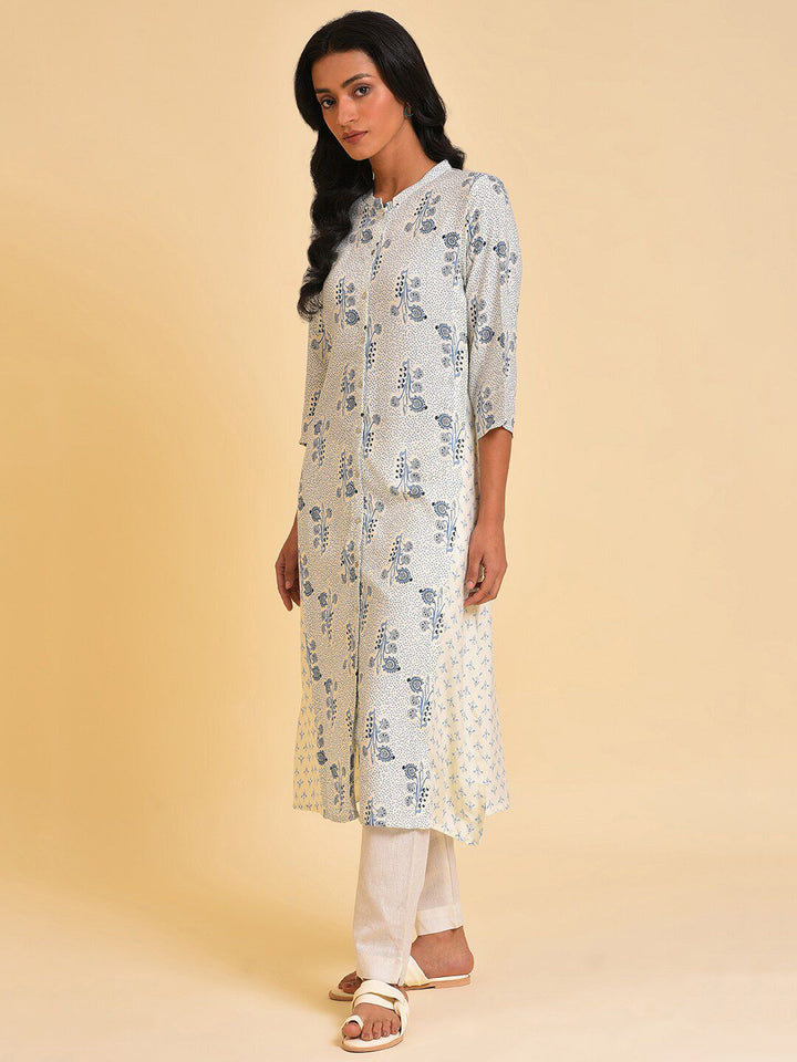 W White & Blue Ethnic Motifs Printed A-Line Kurta