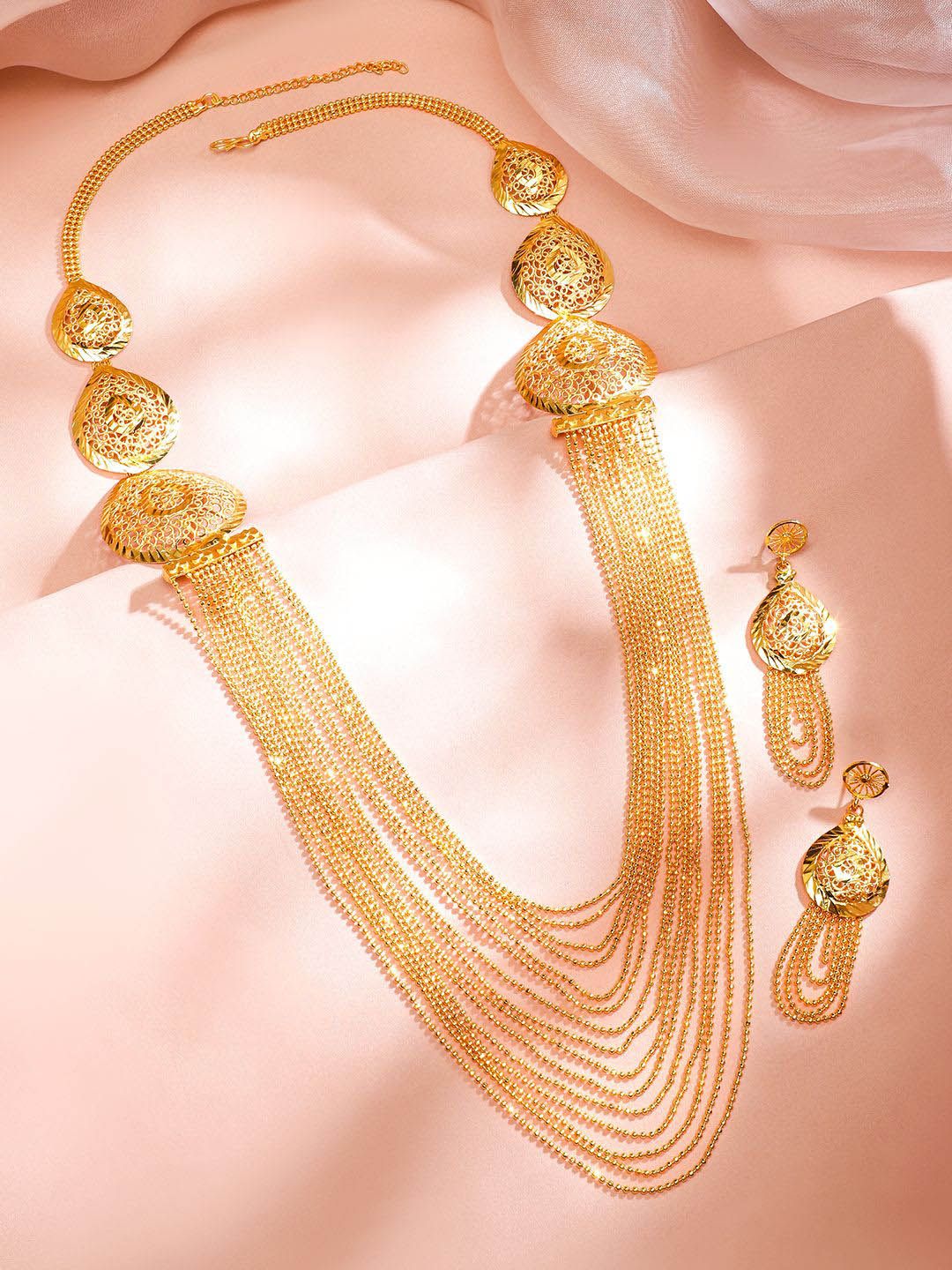 Rubans 18K Gold-Plated Textured Disc & Multi-Layer Beaded Statement Necklace Set