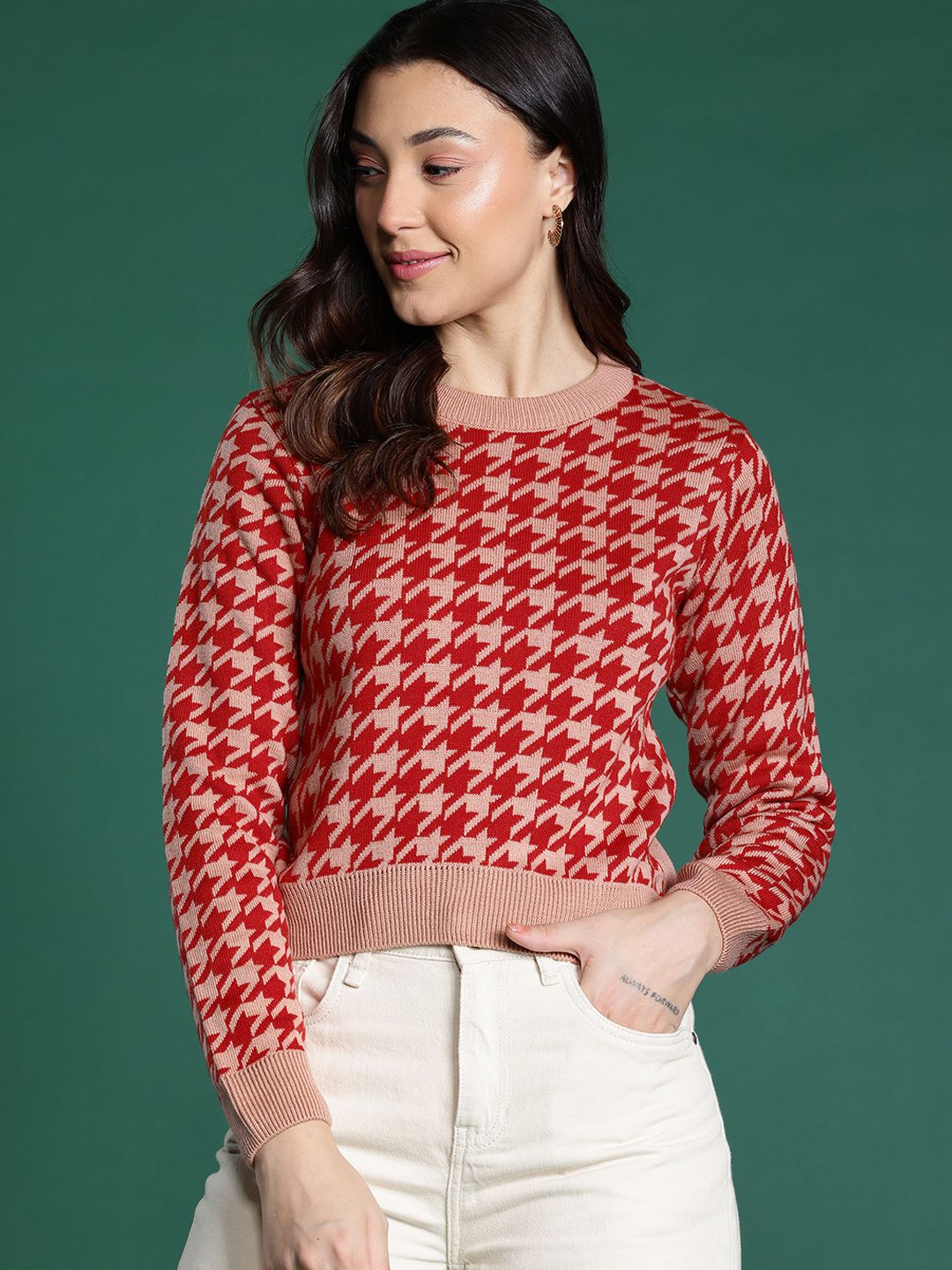 DressBerry Women Houndstooth Acrylic Pullover